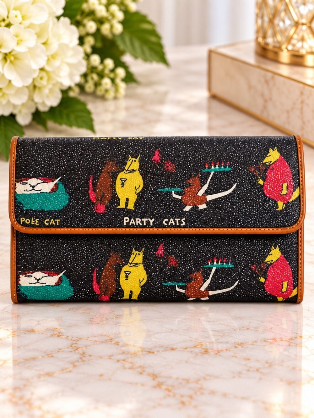 Black Party Cats Graphic Wallet Brown Trim Whimsical Cat Lover Clutch Purse